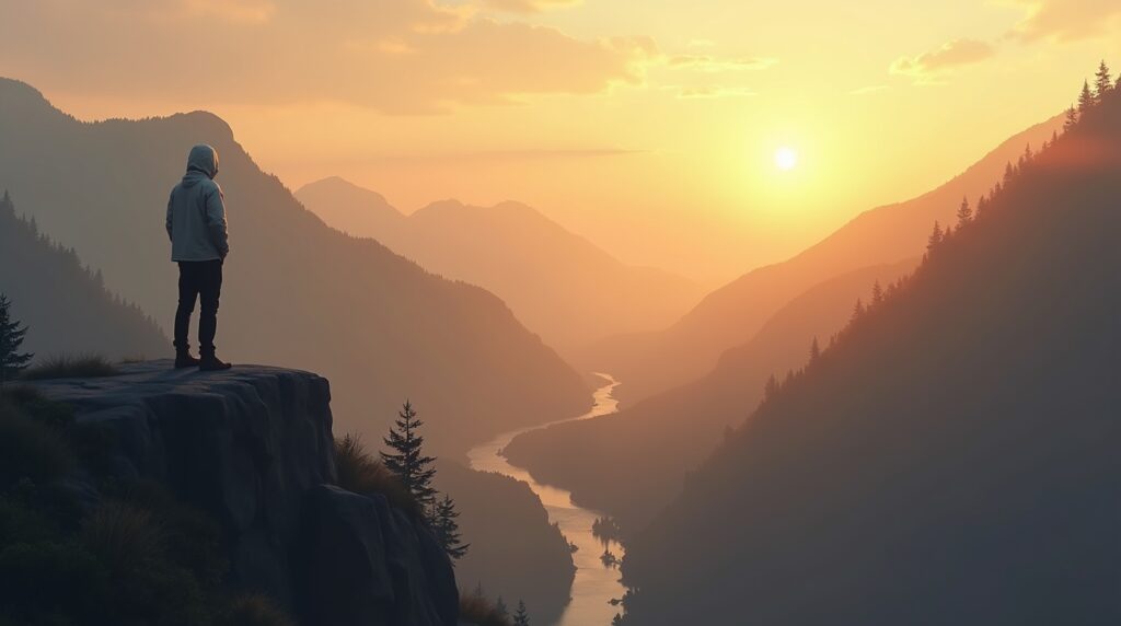 Digital artwork of a lone figure standing on a mountain cliff at sunrise, overlooking a quiet valley, symbolizing strength, clarity, and self-discovery through solitude