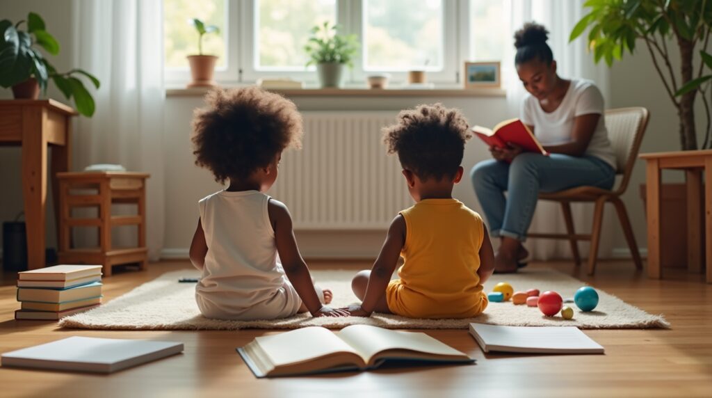 Children reading and playing together in a cozy living room without screens