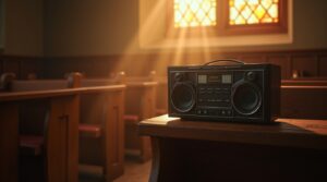Digital artwork of a speaker resting on a church pew with sunrise light streaming through stained glass, symbolizing healing and spiritual reflection through music