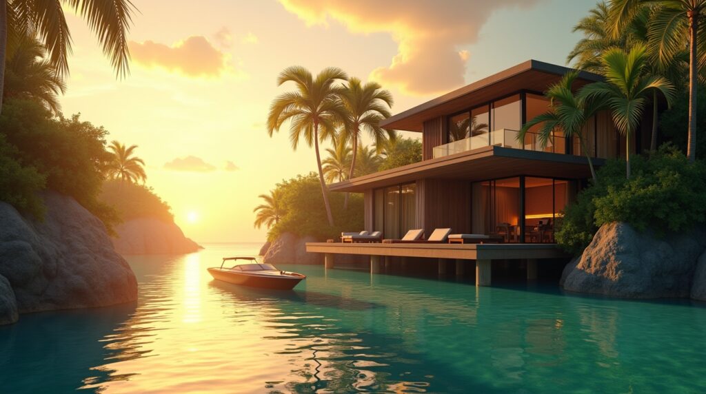 Cinematic digital painting of a tropical lagoon at sunrise with a private modern villa and a quiet boat, symbolizing luxury, peace, and intentional travel goals