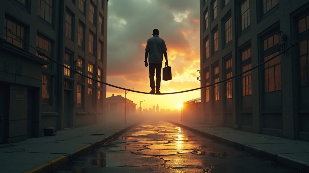 A surreal image of a man walking a tightrope between two crumbling office buildings, holding a blueprint and a briefcase, with his childhood reflection below and a sunrise ahead — symbolizing the risk of leaving security to build a life aligned with purpose.