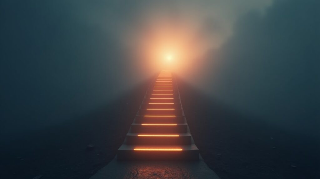 Digital artwork of a glowing staircase made of checkboxes rising from fog into light, symbolizing structure, discipline, and accountability