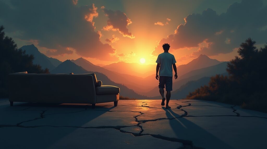 Digital artwork of a person walking barefoot from comfort into unknown terrain toward a glowing light, symbolizing the power of stepping outside your comfort zone for growth