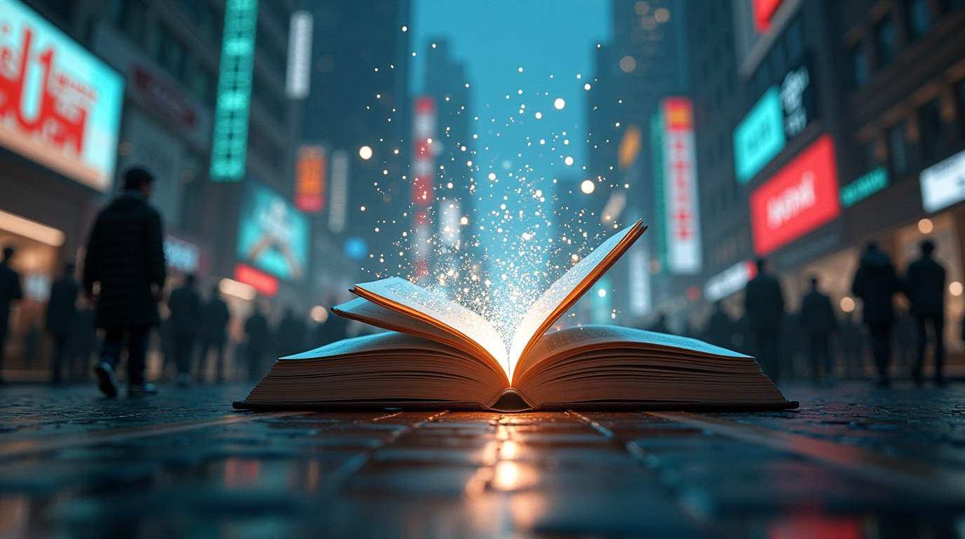 Surreal digital art of an open book standing like a doorway on a chaotic city street, symbolizing reading as an escape from distraction and noise