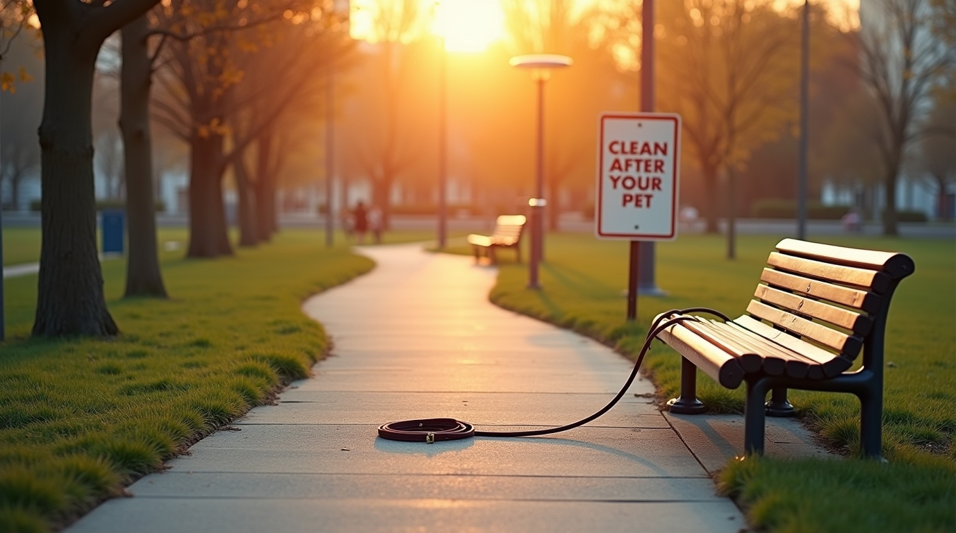 Minimal digital illustration of a city park trail at sunrise with an empty bench and a leash tied to it, conveying a quiet message about personal responsibility and doing the right thing when no one is watching