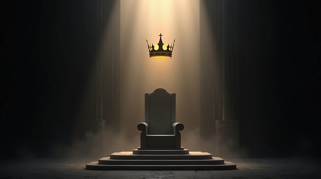 Minimal black and gold digital artwork of a crown floating above a stone throne in a misty chamber, symbolizing confidence, self-worth, and quiet power