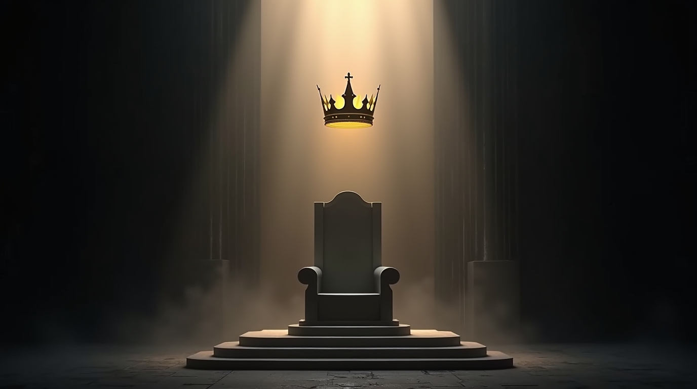 Minimal black and gold digital artwork of a crown floating above a stone throne in a misty chamber, symbolizing confidence, self-worth, and quiet power