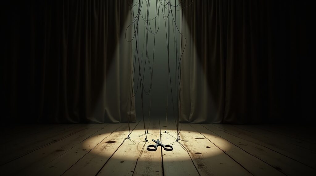 A symbolic marionette stage with tangled hanging strings and an open scissor on a cracked floor, under a dramatic spotlight with velvet curtains pulled halfway.