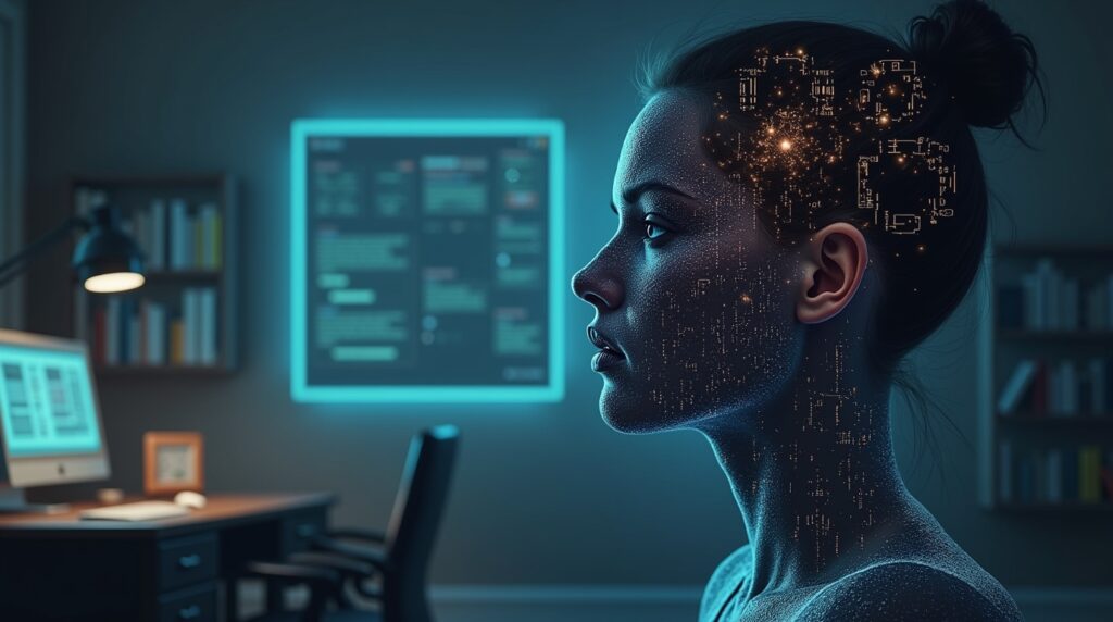 Digital artwork of a human face dissolving into binary code, symbolizing the importance of critical thinking in an automated world
