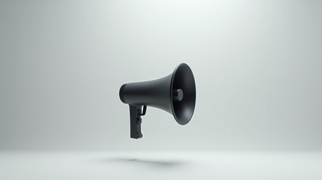 Minimalist black megaphone floating on a light grey background, symbolizing the era of noise in modern marketing