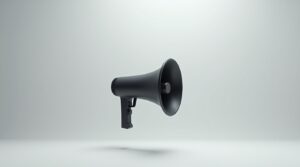 Minimalist black megaphone floating on a light grey background, symbolizing the era of noise in modern marketing