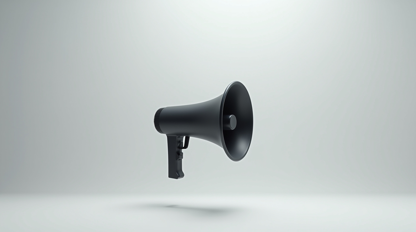 Minimalist black megaphone floating on a light grey background, symbolizing the era of noise in modern marketing