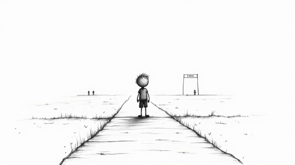 lack-and-white childlike sketch of a young boy standing far behind on a long path with other children already near a distant finish line, symbolizing unequal starting points in a race.