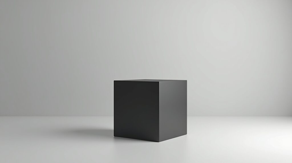 Minimalist black cube on a light grey background representing the algorithm trap in modern marketing