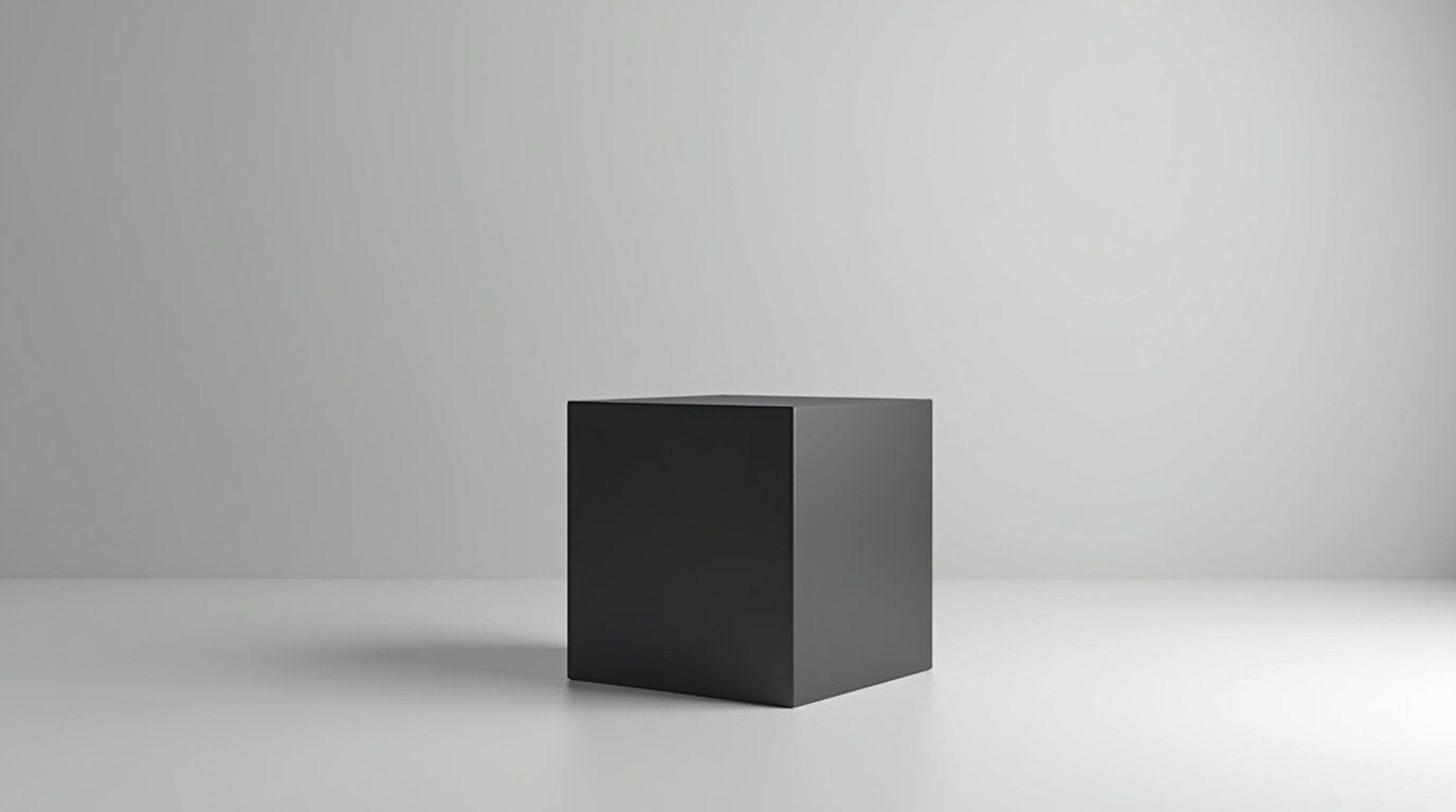 Minimalist black cube on a light grey background representing the algorithm trap in modern marketing
