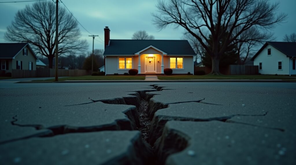 Large crack splitting a quiet suburban street in front of a well-lit home, symbolizing the hidden collapse of the caregiving system