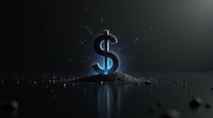 Minimalist image of a dissolving dollar symbol breaking into digital fragments, symbolizing the future of money