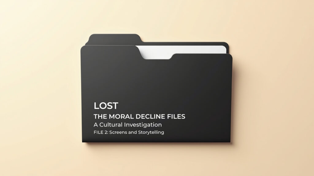 Black file folder on beige background with text for “LOST: The Moral Decline Files – File 2: Screens and Storytelling