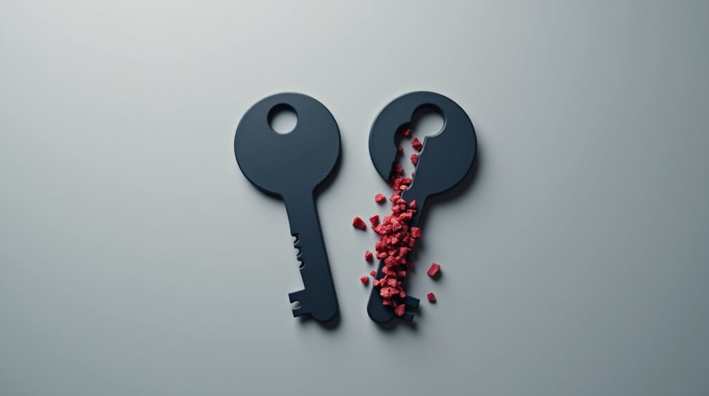 Two matte navy keys side by side, one intact and one cracked with red fragments on a matte grey background