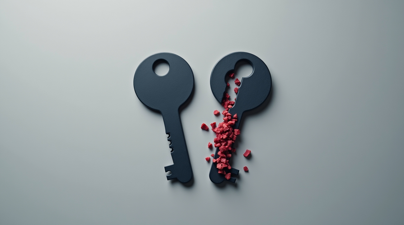 Two matte navy keys side by side, one intact and one cracked with red fragments on a matte grey background