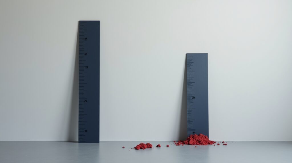 Two navy measuring rulers at different heights on a grey surface, one intact and one weighed down by red debris, representing unequal measures of progress and time