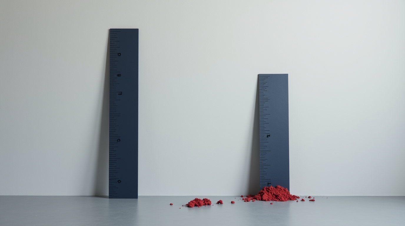 Two navy measuring rulers at different heights on a grey surface, one intact and one weighed down by red debris, representing unequal measures of progress and time