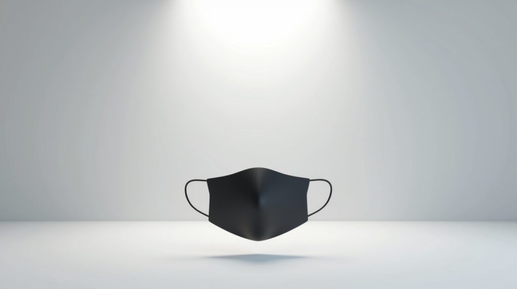 Minimalist black mask on a light grey background representing smarter, more aware consumers