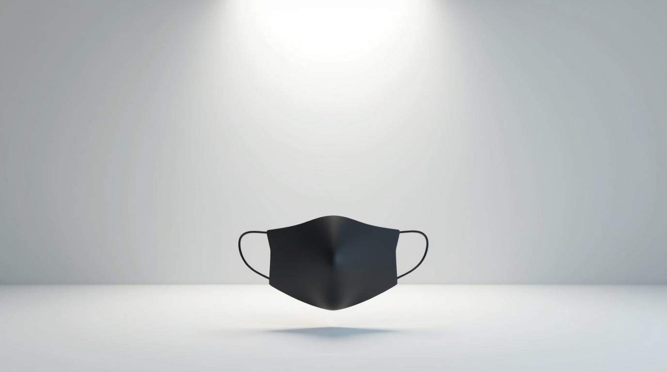 Minimalist black mask on a light grey background representing smarter, more aware consumers