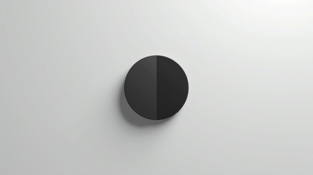 Minimalist black split circle on a light grey background symbolizing builders versus performers