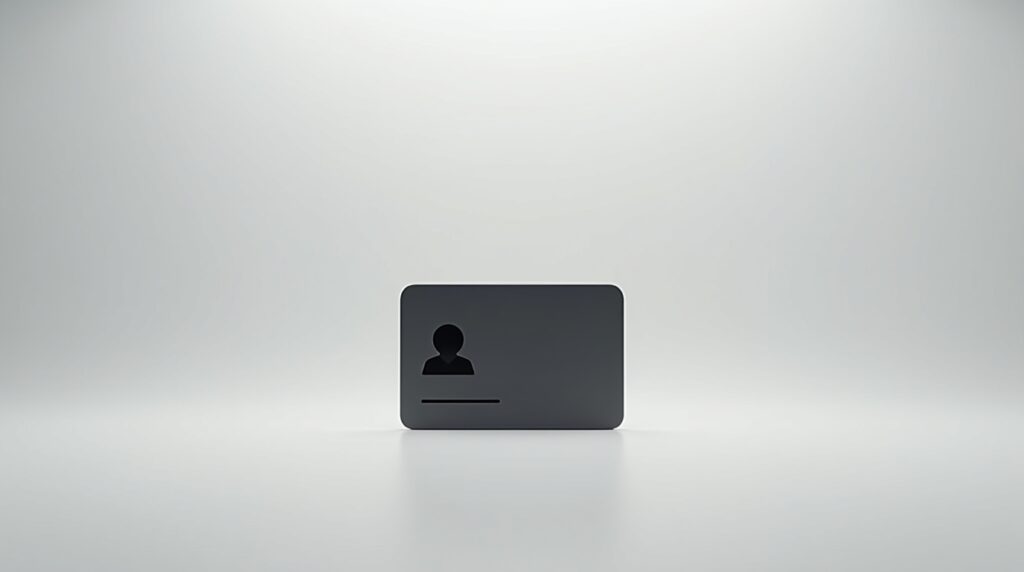 Minimalist black ID card icon on a light grey background symbolizing identity over influence