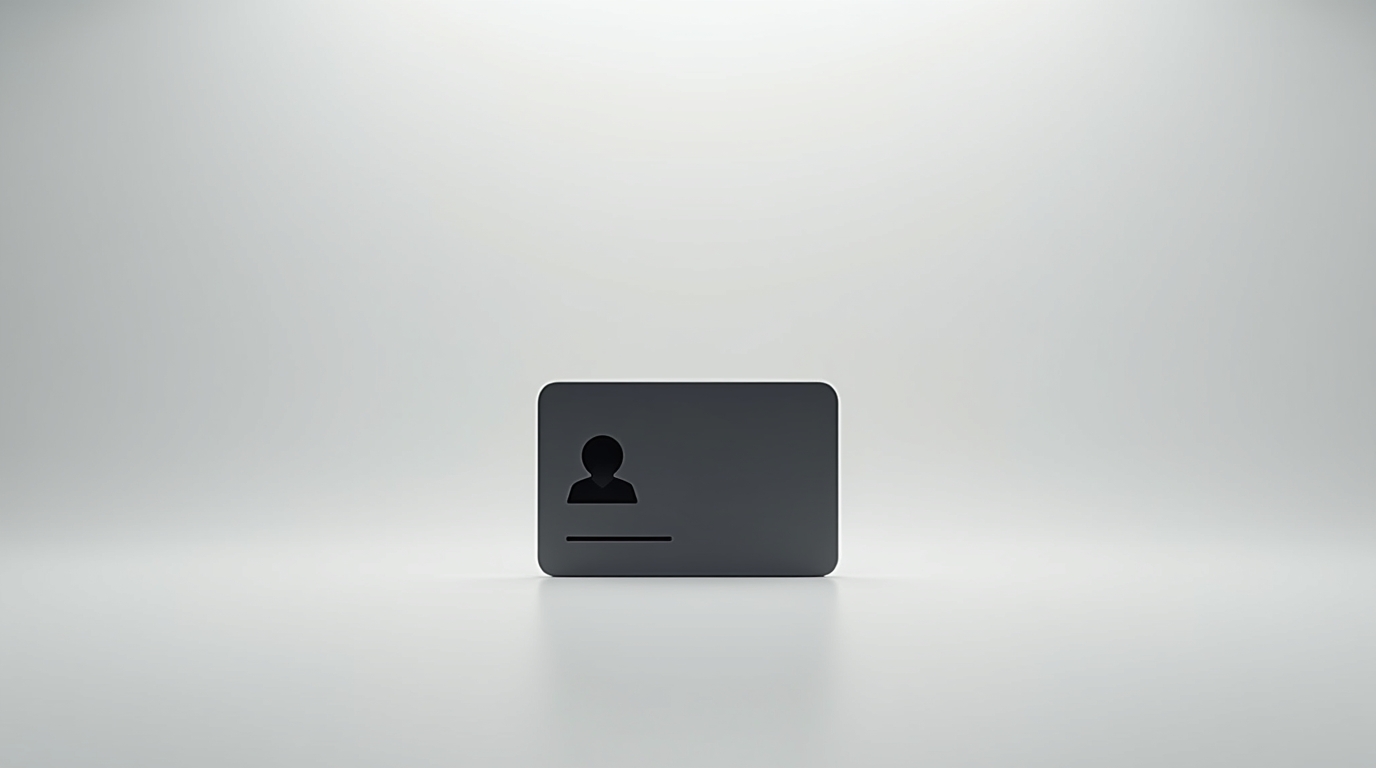 Minimalist black ID card icon on a light grey background symbolizing identity over influence
