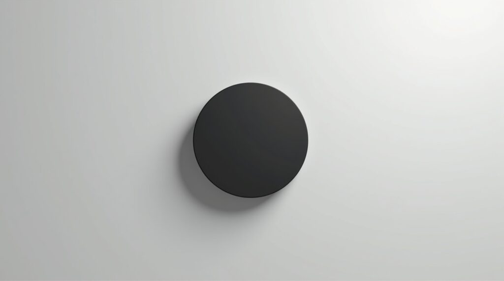 Minimalist black solid circle on a light grey background symbolizing presence over performance