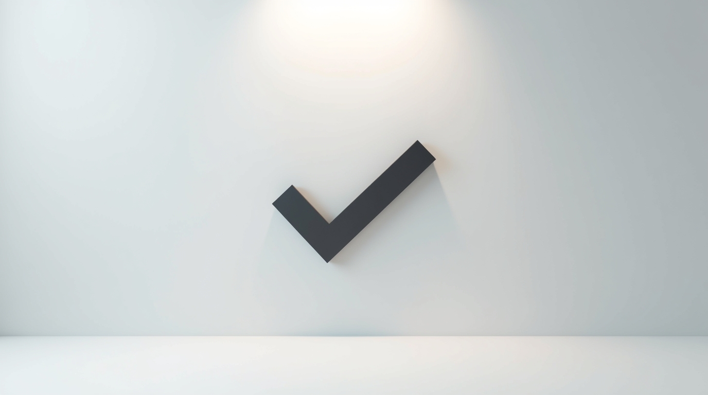 Minimalist black checkmark on a light grey background symbolizing proof over promotion