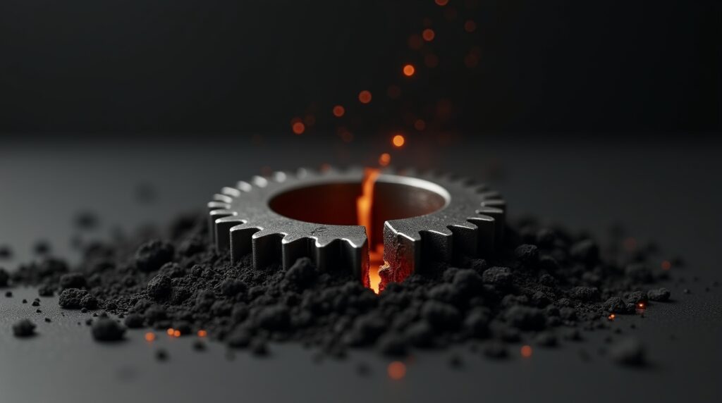 Broken gear revealing orange digital circuits symbolizing the end of hard work as a path to wealth