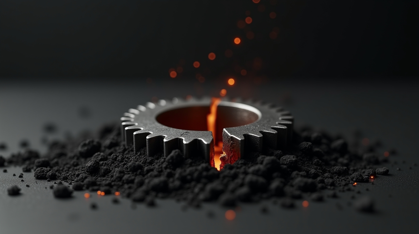 Broken gear revealing orange digital circuits symbolizing the end of hard work as a path to wealth