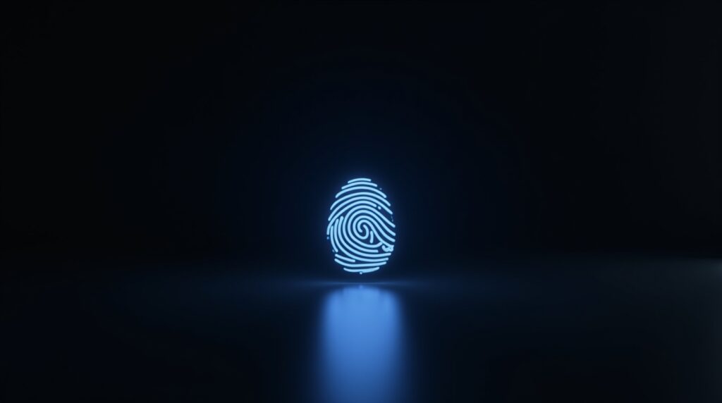 Glowing blue digital fingerprint in a dark minimalist setting symbolizing identity as currency