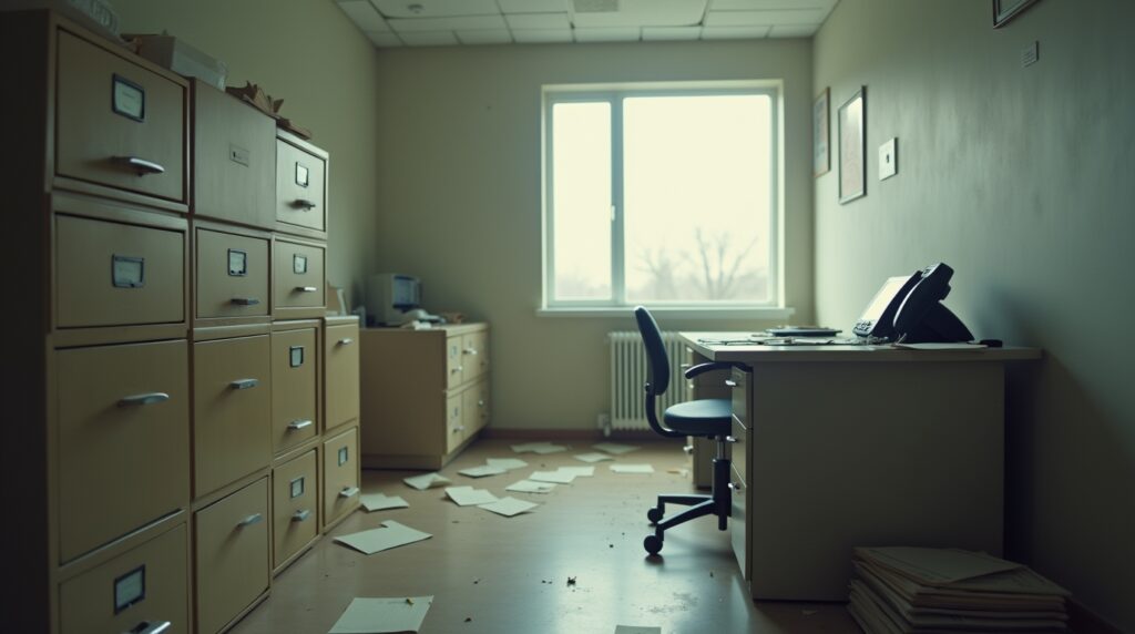 Outdated paper-based home care office with old filing cabinets and scattered forms, symbolizing the decline of the traditional home care model.