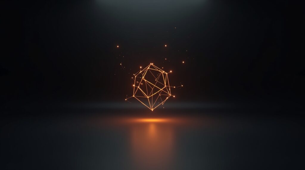 Geometric node network with an orange glow symbolizing the power of systems over money.