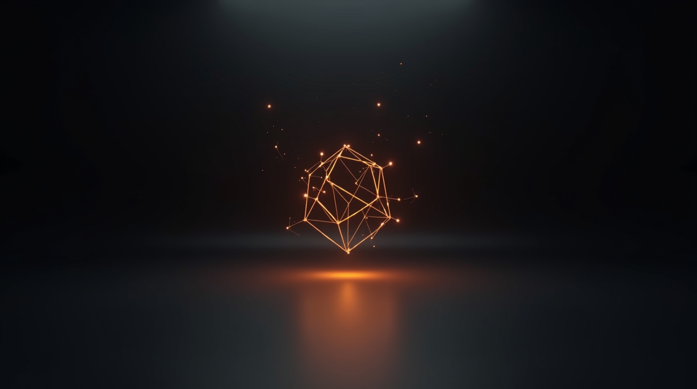 Geometric node network with an orange glow symbolizing the power of systems over money.