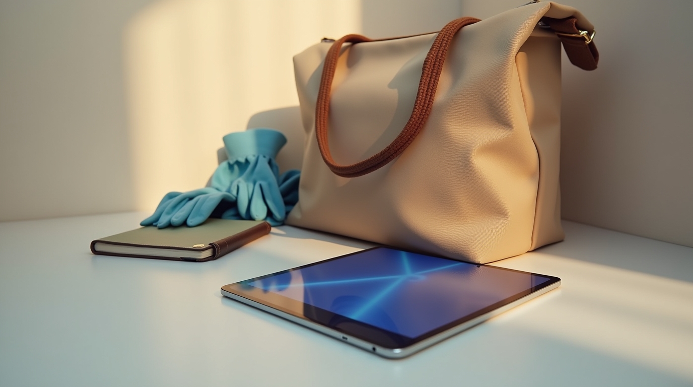 Caregiver bag with blue gloves, a notebook, and a glowing tablet on a clean surface, symbolizing the shift to AI assisted care