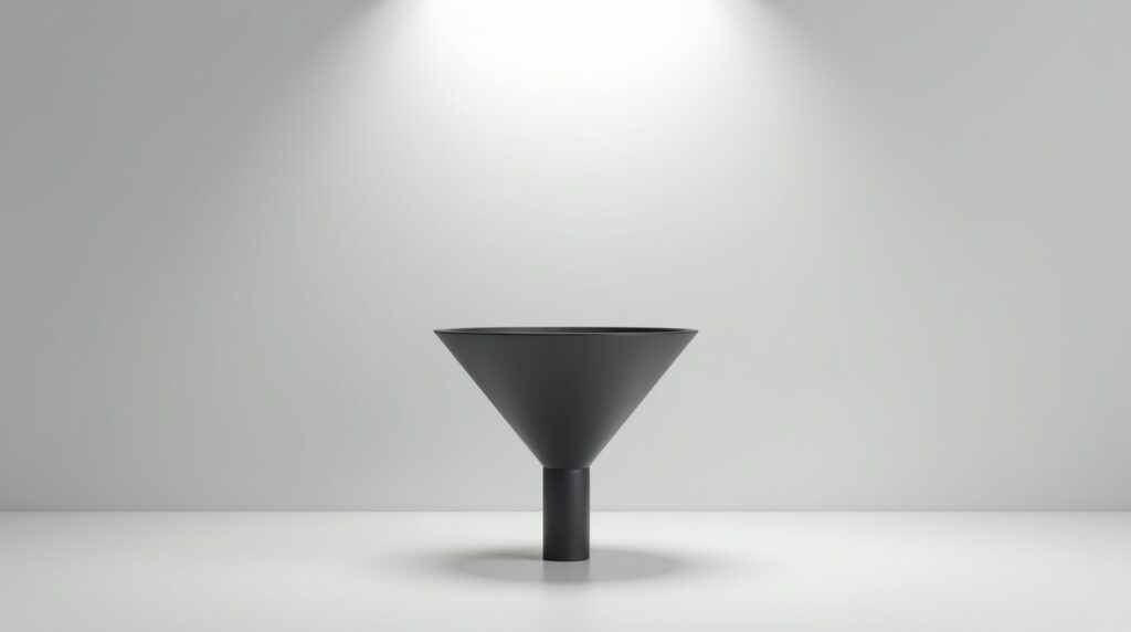 Minimalist black funnel icon on a light grey background symbolizing the collapse of old marketing funnels