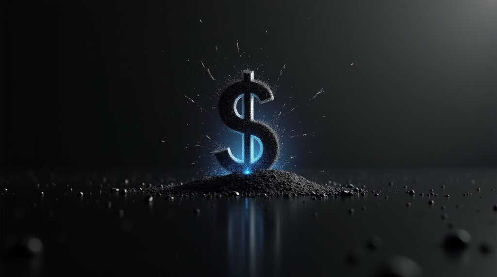 Minimalist image of a dissolving dollar symbol breaking into digital fragments, symbolizing the future of money