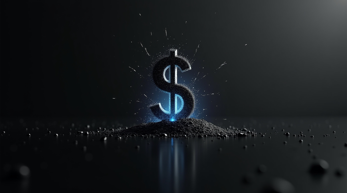 Minimalist image of a dissolving dollar symbol breaking into digital fragments, symbolizing the future of money