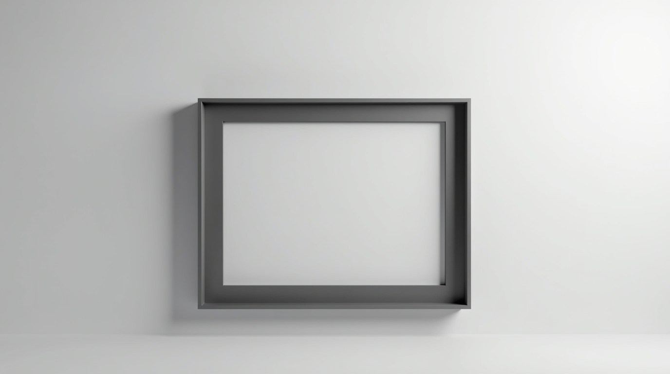 Minimalist black empty frame on a light grey background symbolizing marketing becoming the product