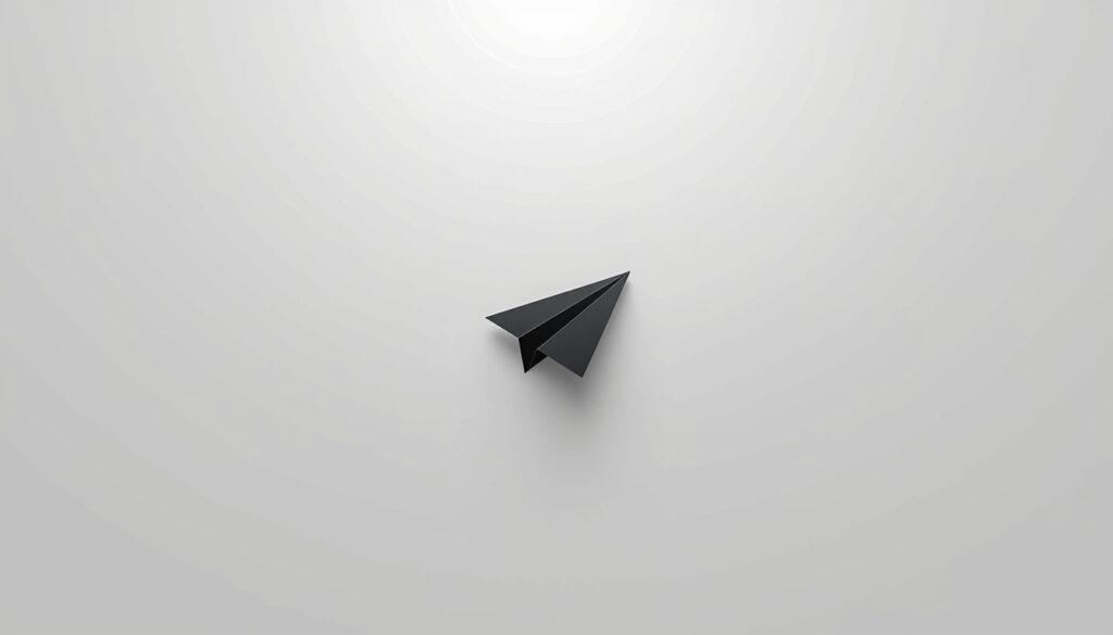 Minimalist black paper airplane on a light grey background symbolizing minimum viable distribution and focused reach