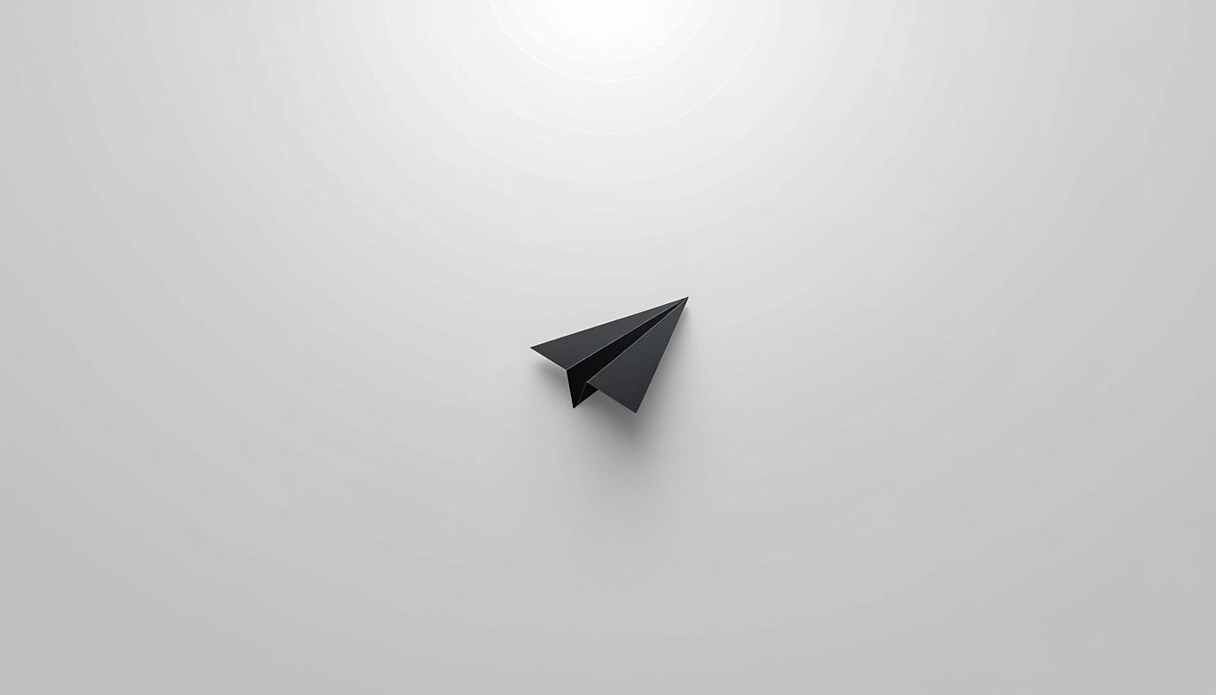 Minimalist black paper airplane on a light grey background symbolizing minimum viable distribution and focused reach