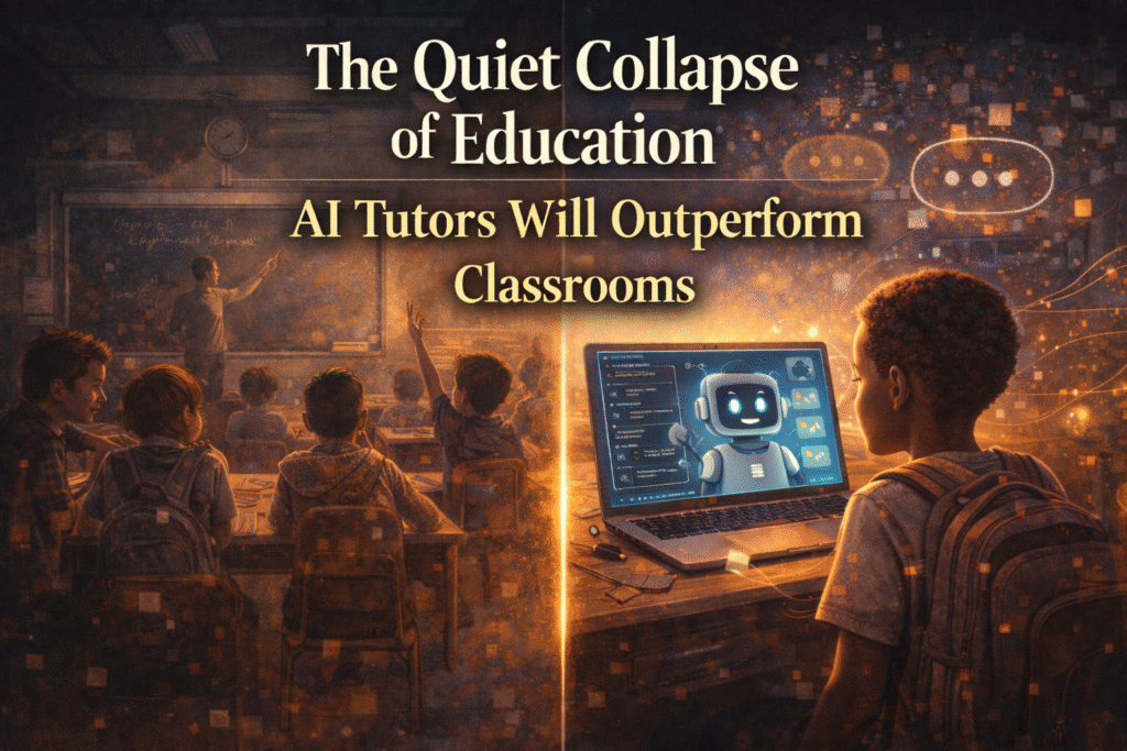 Split-screen image showing a traditional classroom on one side and a boy learning with an AI tutor on a laptop on the other