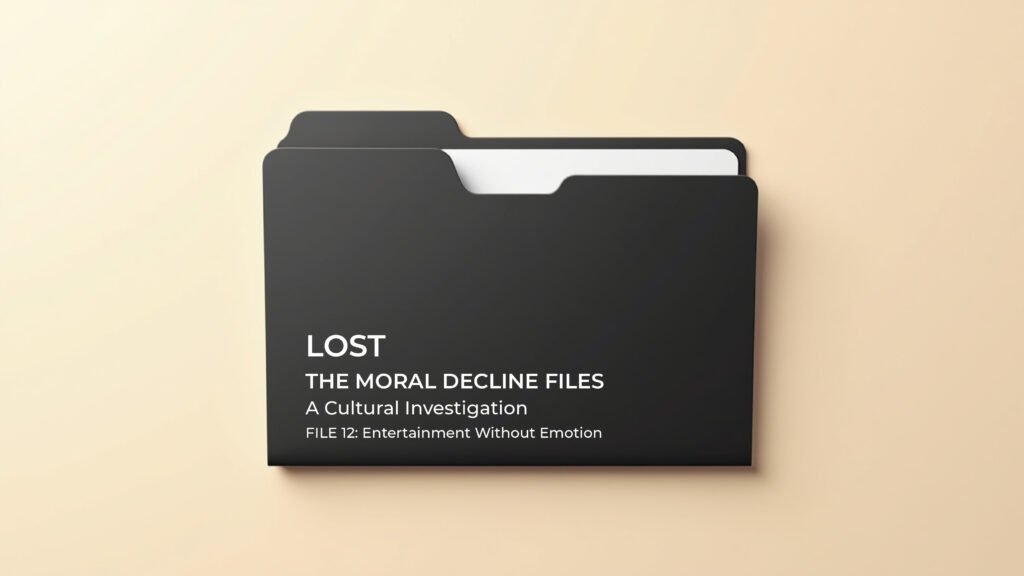Black file folder on beige background with text for “LOST: The Moral Decline Files – File 12: Entertainment without Emotion