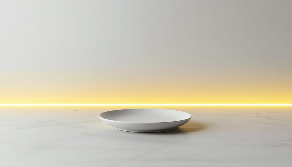 Empty ceramic plate centered in neon yellow environment symbolizing intentional nutrition and restraint