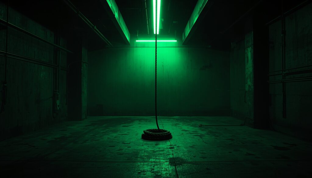 Coiled rope centered in neon green workspace representing controlled stress and pressure management